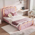Letto a piattaforma imbottito per letto singolo/matrimoniale con testiera curva regolabile in altezza e luce LED
