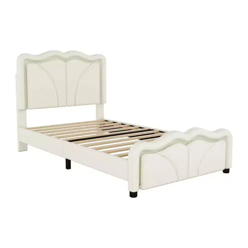 Letto a piattaforma imbottito per letto singolo/matrimoniale con testiera curva regolabile in altezza e luce LED