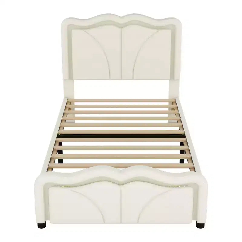 Letto a piattaforma imbottito per letto singolo/matrimoniale con testiera curva regolabile in altezza e luce LED