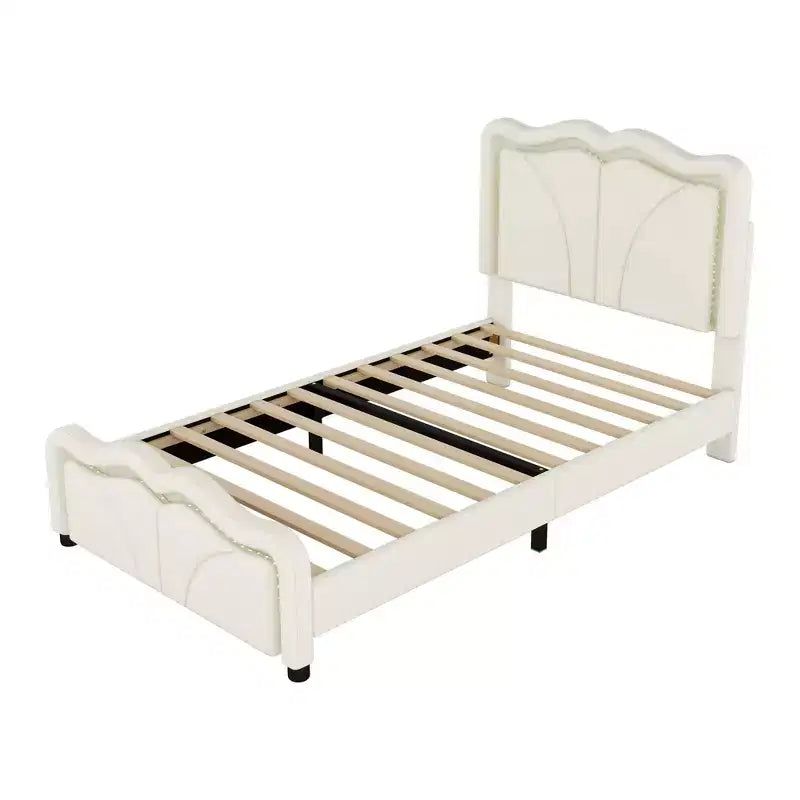 Letto a piattaforma imbottito per letto singolo/matrimoniale con testiera curva regolabile in altezza e luce LED