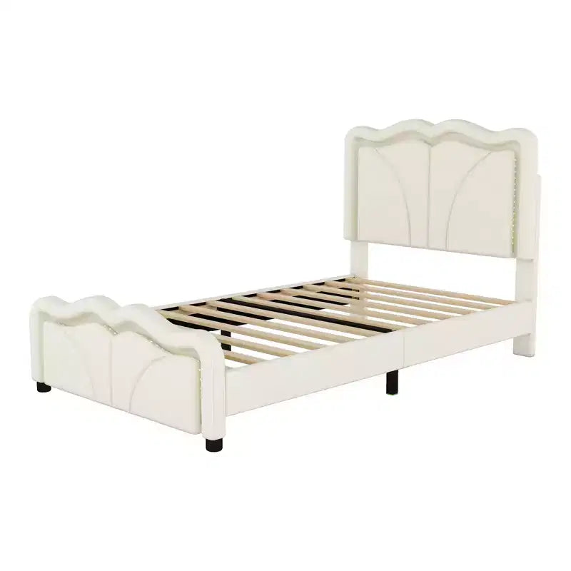 Letto a piattaforma imbottito per letto singolo/matrimoniale con testiera curva regolabile in altezza e luce LED