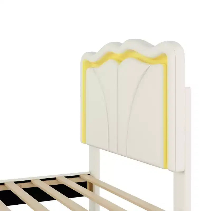 Letto a piattaforma imbottito per letto singolo/matrimoniale con testiera curva regolabile in altezza e luce LED