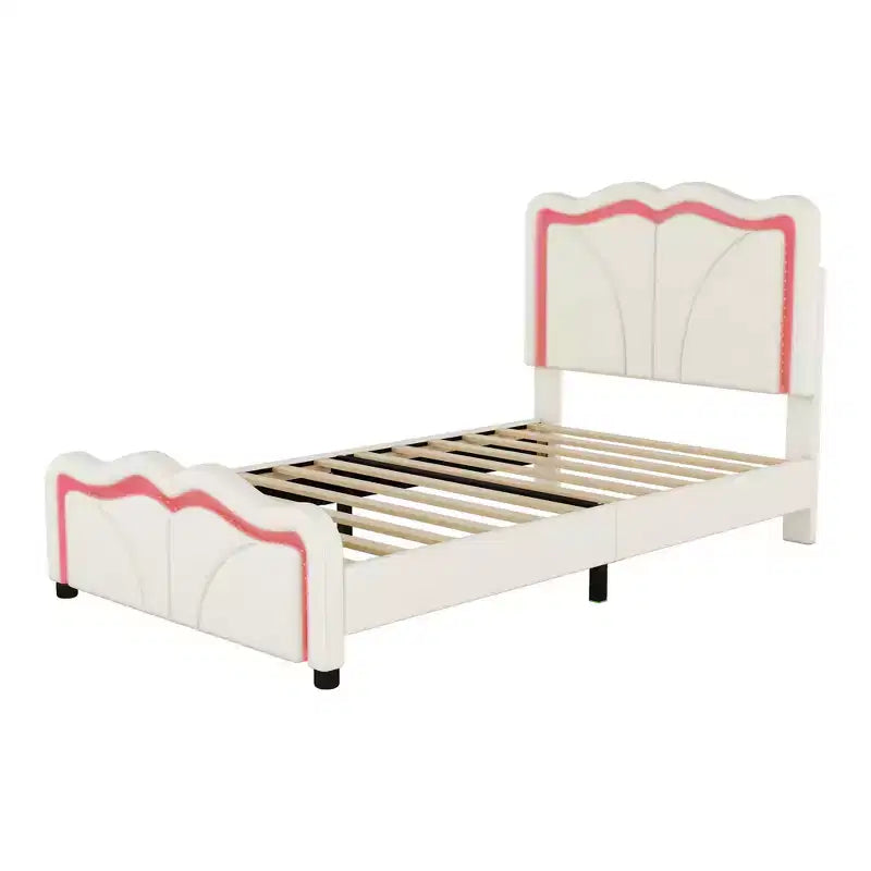 Letto a piattaforma imbottito per letto singolo/matrimoniale con testiera curva regolabile in altezza e luce LED