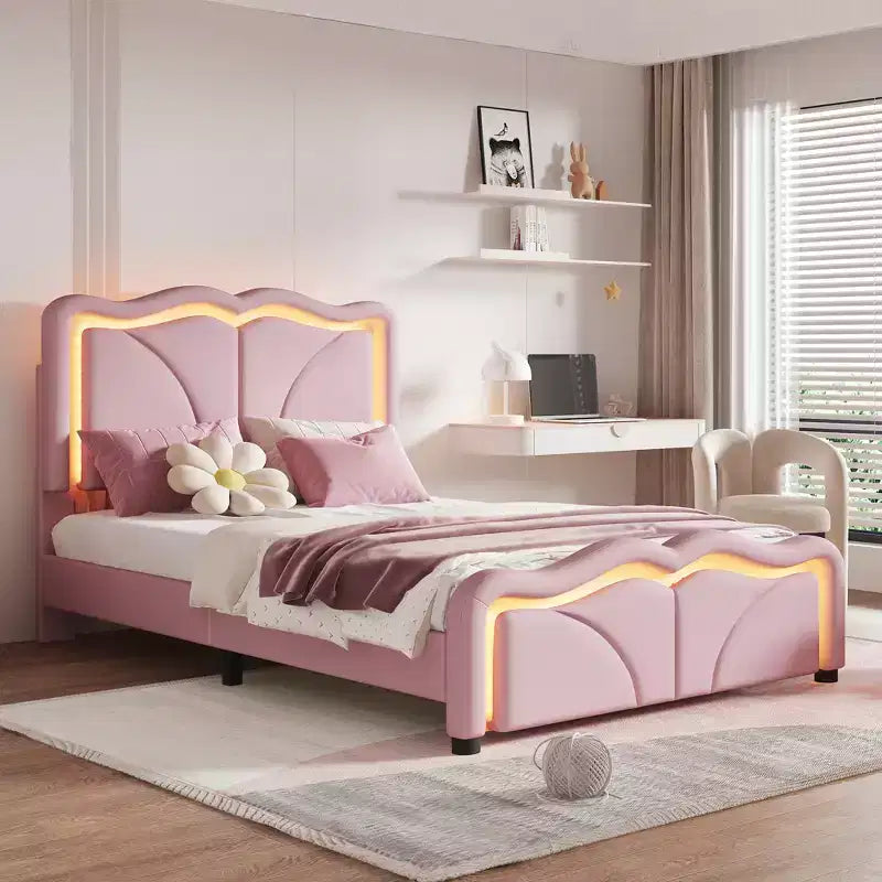 Letto a piattaforma imbottito per letto singolo/matrimoniale con testiera curva regolabile in altezza e luce LED