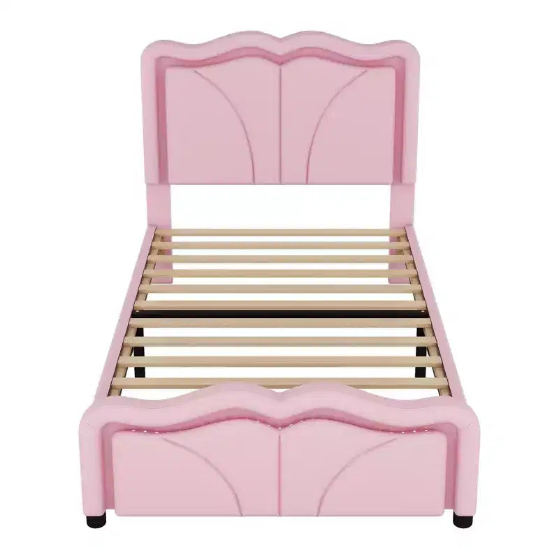 Letto a piattaforma imbottito per letto singolo/matrimoniale con testiera curva regolabile in altezza e luce LED