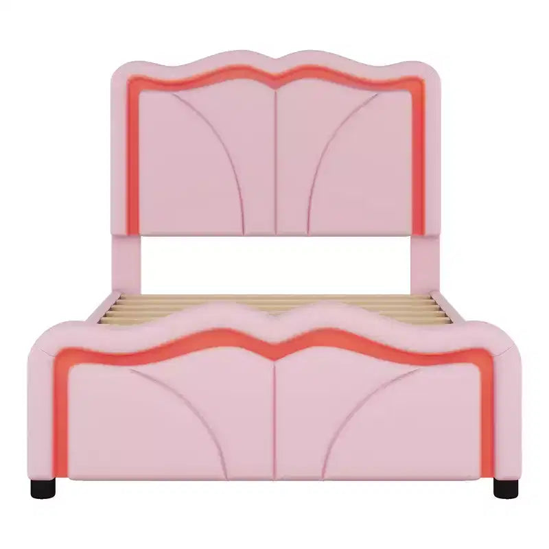 Letto a piattaforma imbottito per letto singolo/matrimoniale con testiera curva regolabile in altezza e luce LED