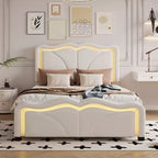 Letto a piattaforma imbottito per letto singolo/matrimoniale con testiera curva regolabile in altezza e luce LED