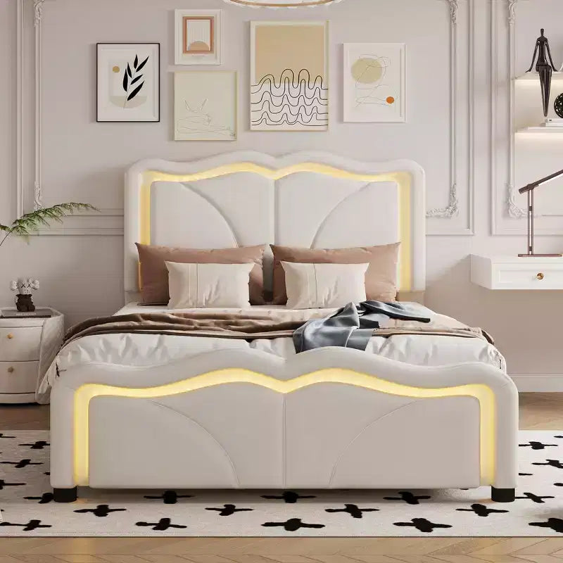 Letto a piattaforma imbottito per letto singolo/matrimoniale con testiera curva regolabile in altezza e luce LED