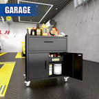 Carrello Portautensili con Ruote, 2 Ante e 1 Cassetto con Serratura, Ripiano Regolabile, Ruote Bloccabili, per Garage in Metallo