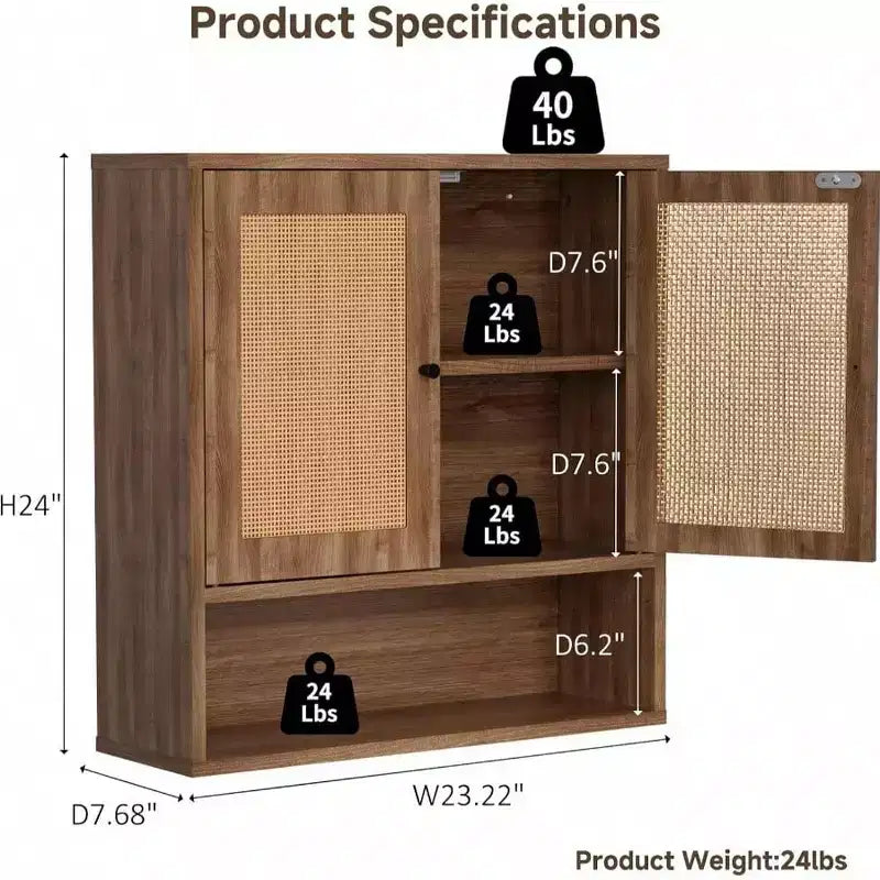 Mobiletto da parete in Rattan Bohemien Chic a 3 ripiani con doppia anta, sopra WC, per Bagno, Cucina, Salotto