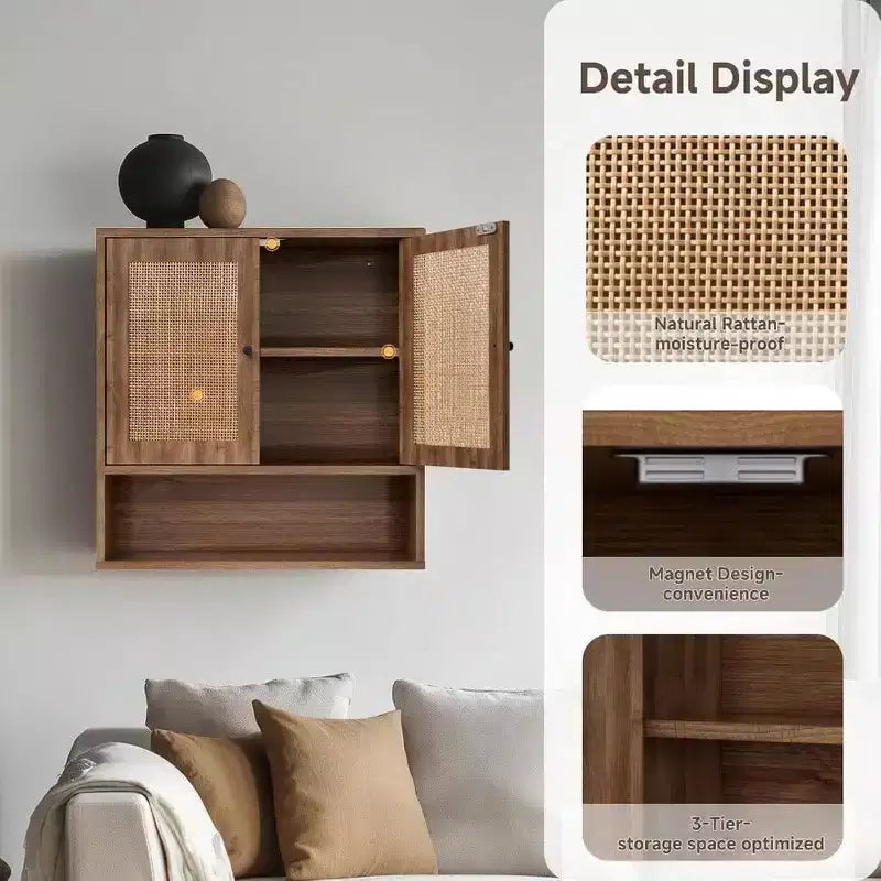 Mobiletto da parete in Rattan Bohemien Chic a 3 ripiani con doppia anta, sopra WC, per Bagno, Cucina, Salotto