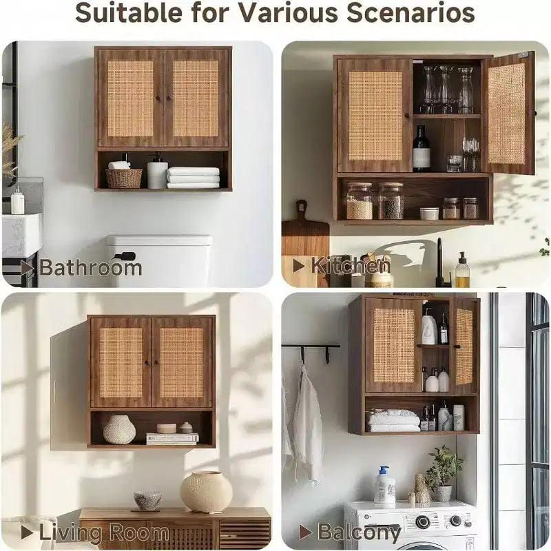Mobiletto da parete in Rattan Bohemien Chic a 3 ripiani con doppia anta, sopra WC, per Bagno, Cucina, Salotto