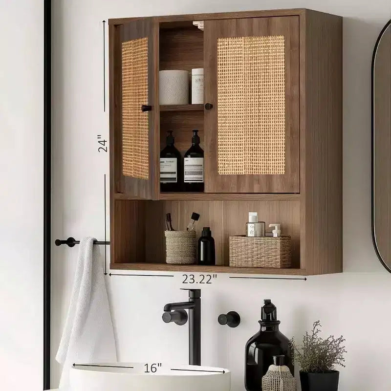 Mobiletto da parete in Rattan Bohemien Chic a 3 ripiani con doppia anta, sopra WC, per Bagno, Cucina, Salotto