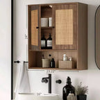 Mobiletto da parete in Rattan Bohemien Chic a 3 ripiani con doppia anta, sopra WC, per Bagno, Cucina, Salotto
