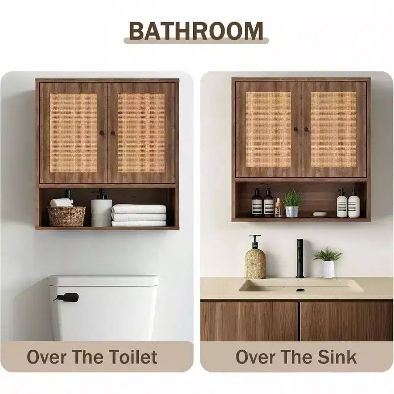 Mobiletto da parete in Rattan Bohemien Chic a 3 ripiani con doppia anta, sopra WC, per Bagno, Cucina, Salotto