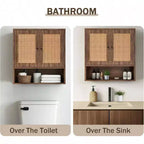 Mobiletto da parete in Rattan Bohemien Chic a 3 ripiani con doppia anta, sopra WC, per Bagno, Cucina, Salotto