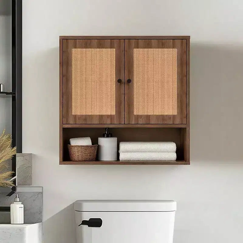 Mobiletto da parete in Rattan Bohemien Chic a 3 ripiani con doppia anta, sopra WC, per Bagno, Cucina, Salotto