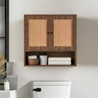 Mobiletto da parete in Rattan Bohemien Chic a 3 ripiani con doppia anta, sopra WC, per Bagno, Cucina, Salotto