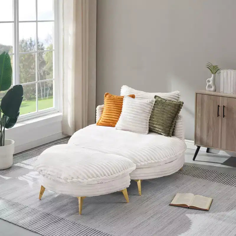 Poltrona moderna con pouf, poltrona lounge oversize con seduta profonda e poggiapiedi, per camera da letto e soggiorno