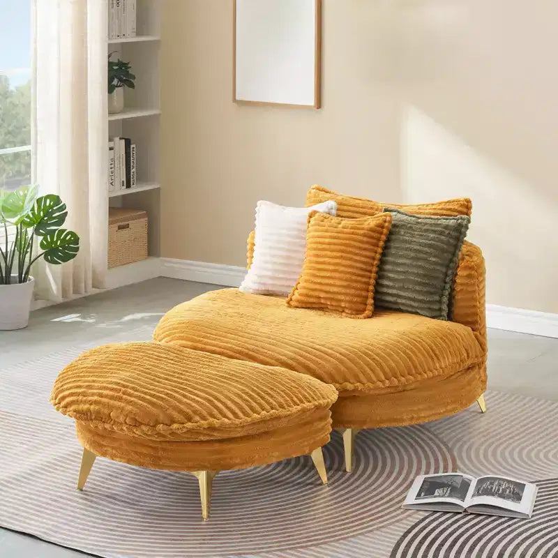 Poltrona moderna con pouf, poltrona lounge oversize con seduta profonda e poggiapiedi, per camera da letto e soggiorno