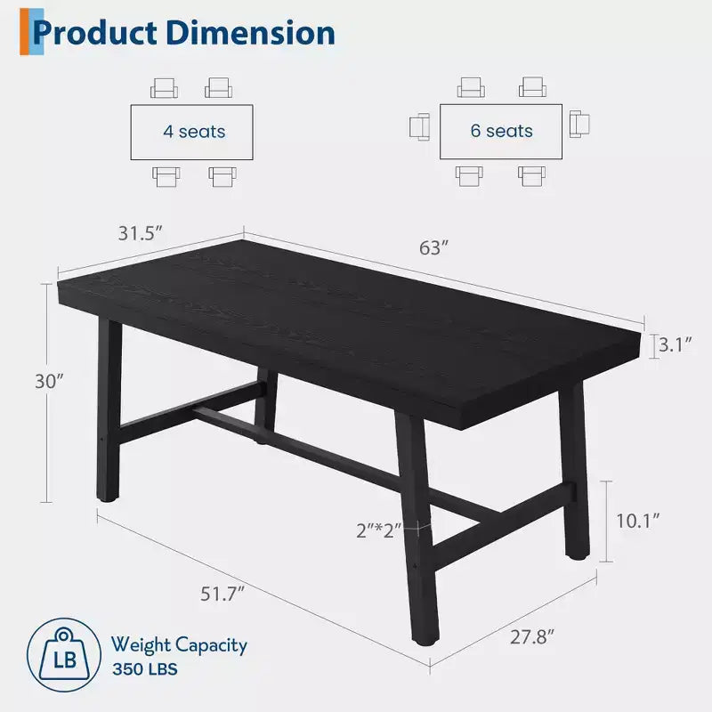 Tavolo da pranzo industriale con struttura in metallo, 160 cm di lunghezza, per 6 persone, nero