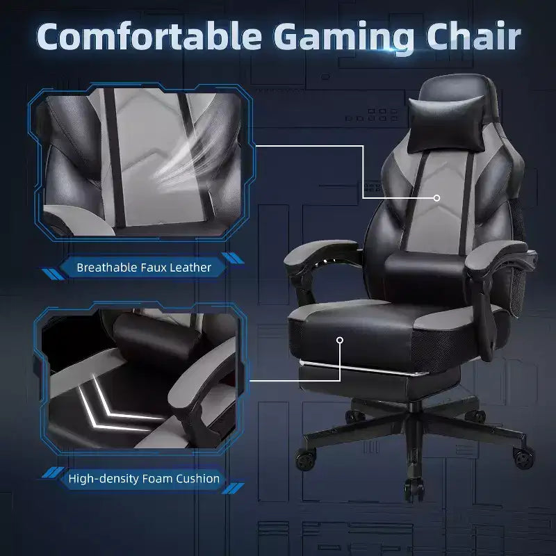 Sedia da Gaming per Adulti con Poggiapiedi Schienale Alto Supporto Lombare Massaggiante Girevole a 360° Regolabile