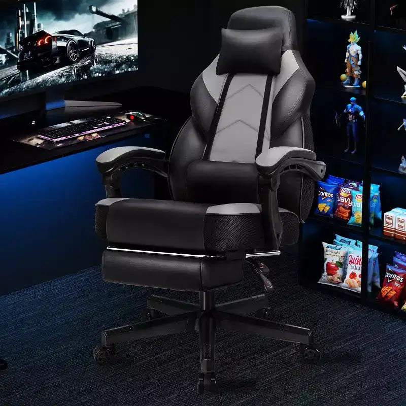 Sedia da Gaming per Adulti con Poggiapiedi Schienale Alto Supporto Lombare Massaggiante Girevole a 360° Regolabile