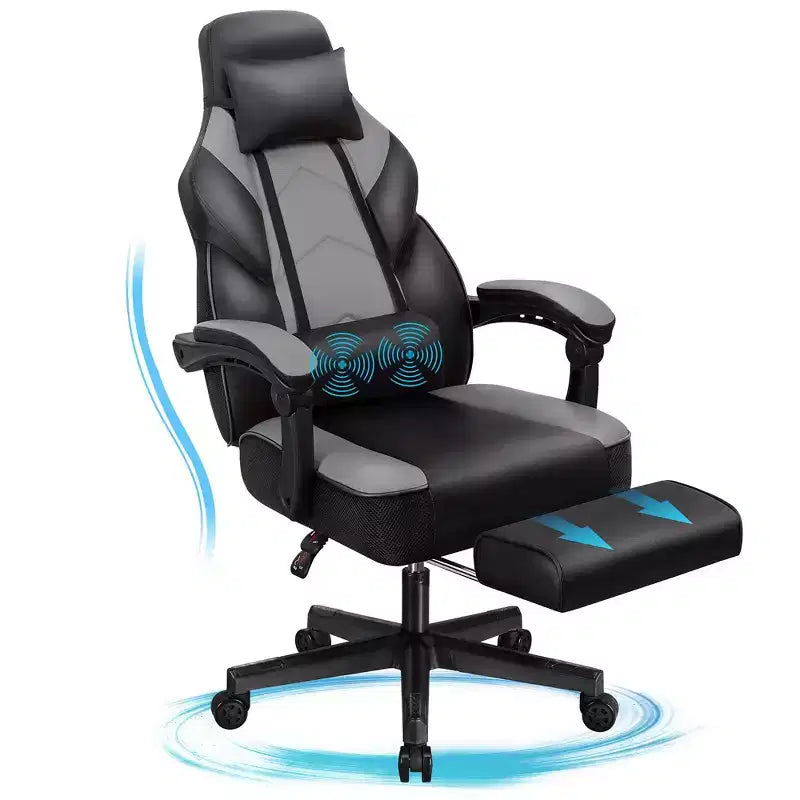 Sedia da Gaming per Adulti con Poggiapiedi Schienale Alto Supporto Lombare Massaggiante Girevole a 360° Regolabile