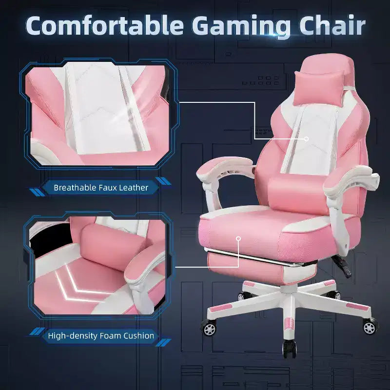 Sedia da Gaming per Adulti con Poggiapiedi Schienale Alto Supporto Lombare Massaggiante Girevole a 360° Regolabile