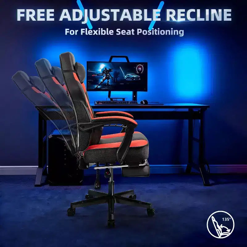 Sedia da Gaming per Adulti con Poggiapiedi Schienale Alto Supporto Lombare Massaggiante Girevole a 360° Regolabile