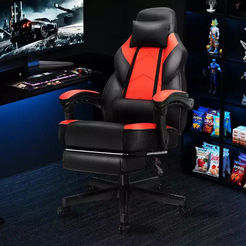 Sedia da Gaming per Adulti con Poggiapiedi Schienale Alto Supporto Lombare Massaggiante Girevole a 360° Regolabile