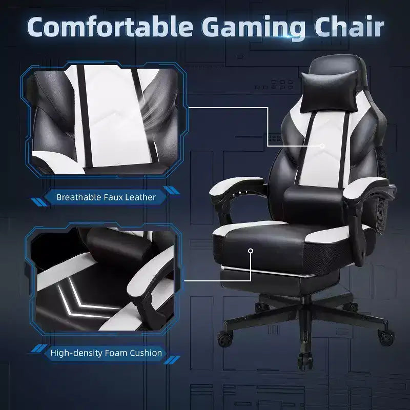 Sedia da Gaming per Adulti con Poggiapiedi Schienale Alto Supporto Lombare Massaggiante Girevole a 360° Regolabile