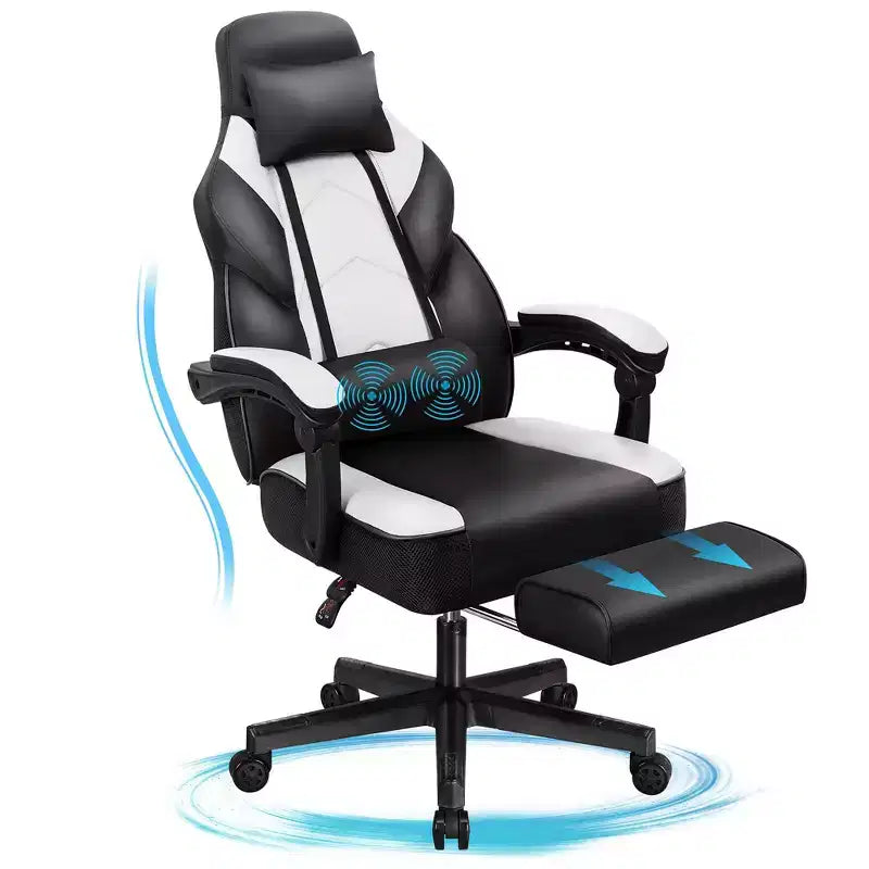 Sedia da Gaming per Adulti con Poggiapiedi Schienale Alto Supporto Lombare Massaggiante Girevole a 360° Regolabile