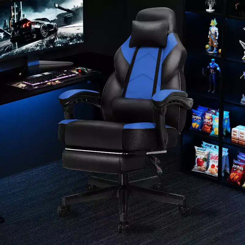 Sedia da Gaming per Adulti con Poggiapiedi Schienale Alto Supporto Lombare Massaggiante Girevole a 360° Regolabile