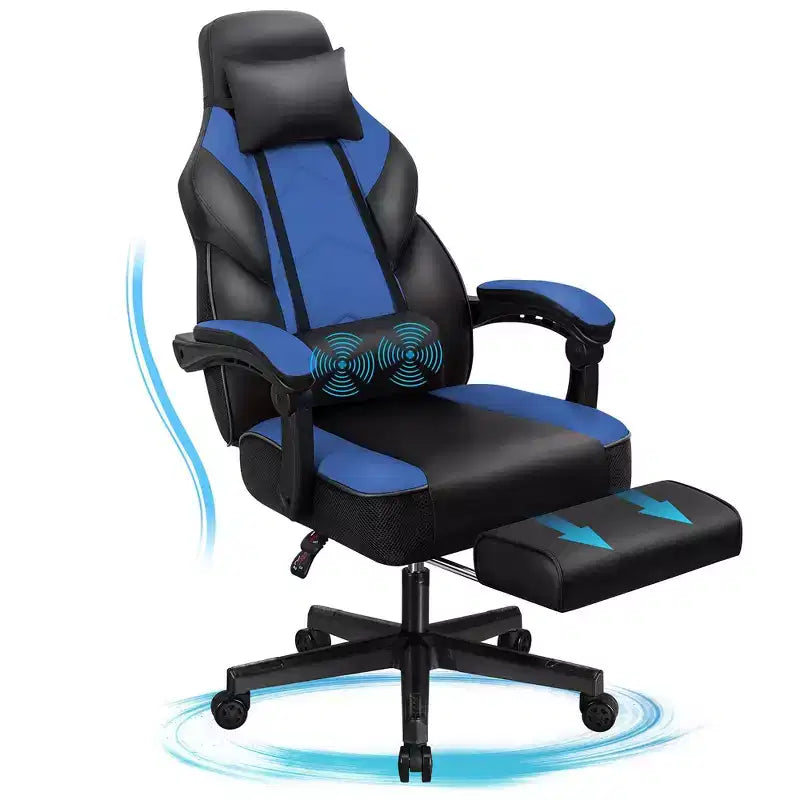 Sedia da Gaming per Adulti con Poggiapiedi Schienale Alto Supporto Lombare Massaggiante Girevole a 360° Regolabile