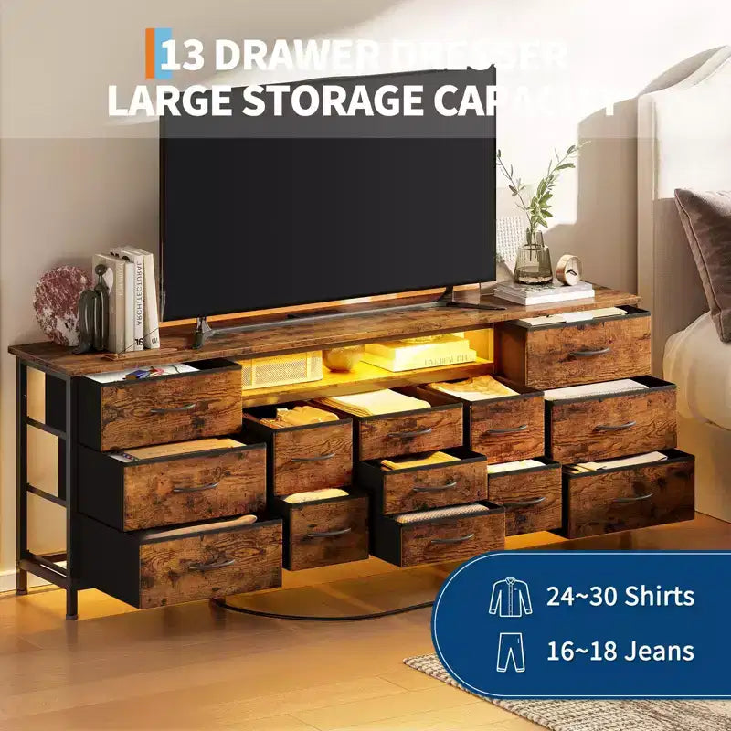 Cassettiera Nera da 70" con 13 Cassetti in Tessuto e Luci LED Mobile TV Ampio Comò Camera da Letto Soggiorno
