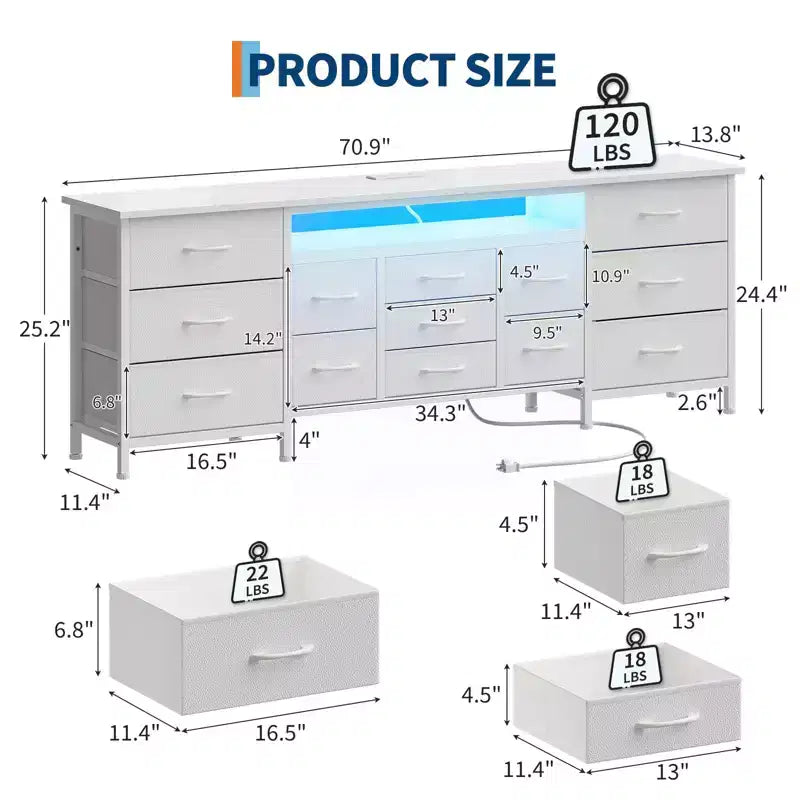 Cassettiera Nera da 70" con 13 Cassetti in Tessuto e Luci LED Mobile TV Ampio Comò Camera da Letto Soggiorno