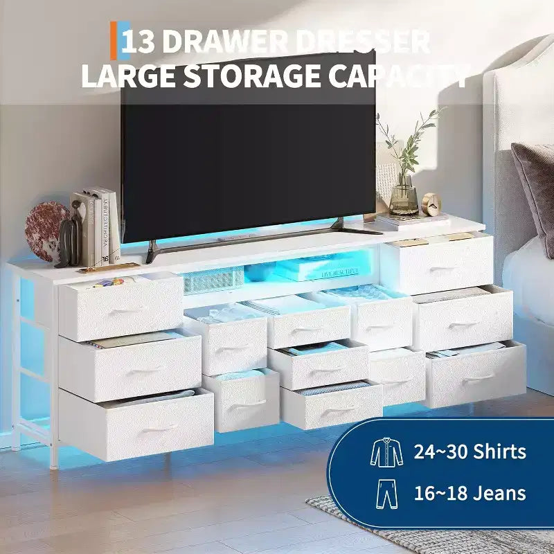 Cassettiera Nera da 70" con 13 Cassetti in Tessuto e Luci LED Mobile TV Ampio Comò Camera da Letto Soggiorno