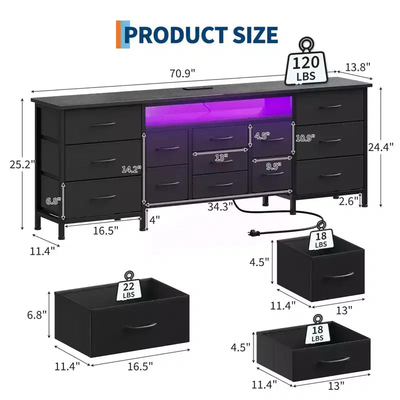 Cassettiera Nera da 70" con 13 Cassetti in Tessuto e Luci LED Mobile TV Ampio Comò Camera da Letto Soggiorno