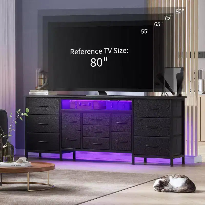 Cassettiera Nera da 70" con 13 Cassetti in Tessuto e Luci LED Mobile TV Ampio Comò Camera da Letto Soggiorno
