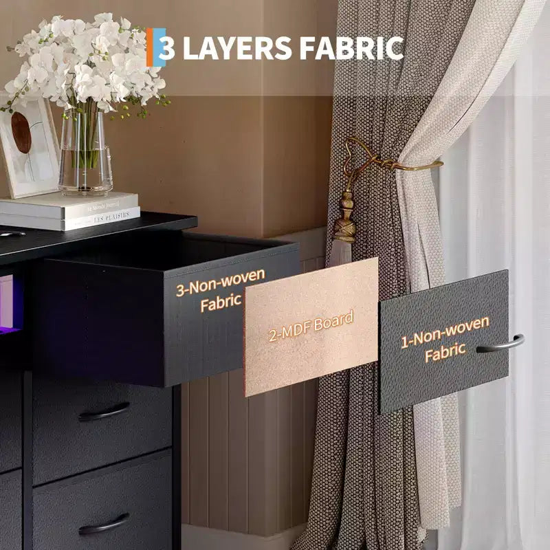 Cassettiera Nera da 70" con 13 Cassetti in Tessuto e Luci LED Mobile TV Ampio Comò Camera da Letto Soggiorno