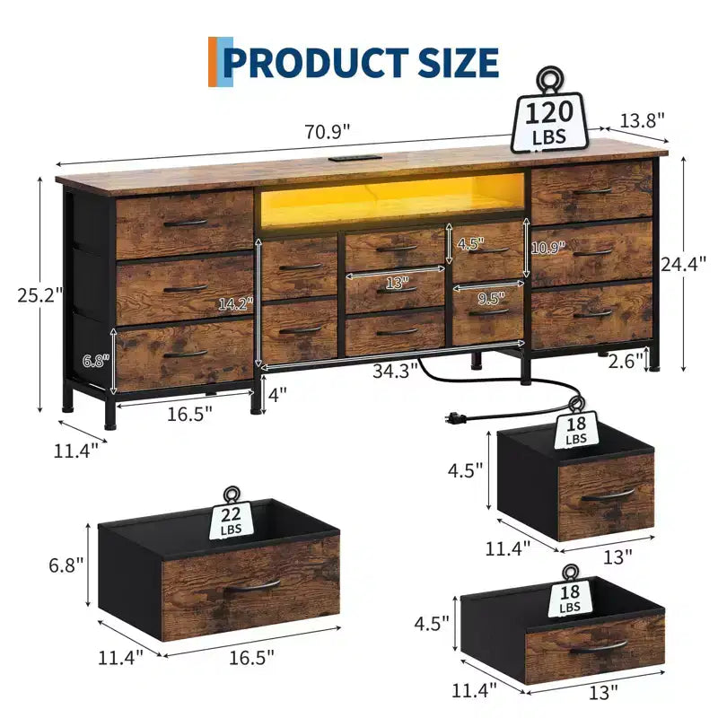 Cassettiera Nera da 70" con 13 Cassetti in Tessuto e Luci LED Mobile TV Ampio Comò Camera da Letto Soggiorno
