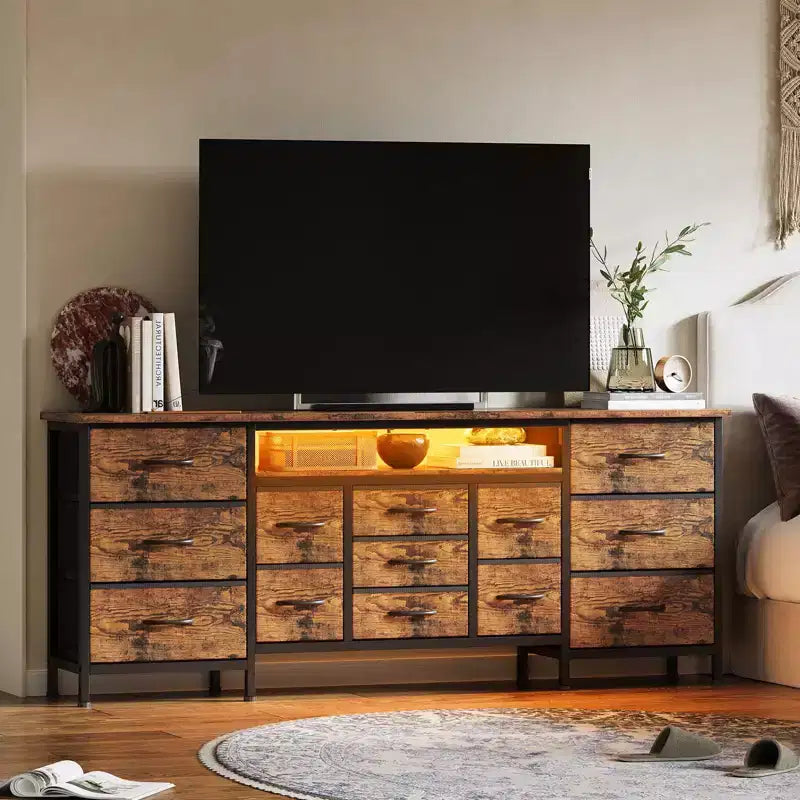Cassettiera Nera da 70" con 13 Cassetti in Tessuto e Luci LED Mobile TV Ampio Comò Camera da Letto Soggiorno