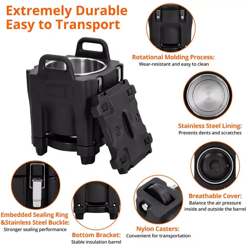 Contenitore Termico Porta Alimenti da 20L in Acciaio Inox con Caricamento Superiore, Ruote e Blocco Laterale per Catering