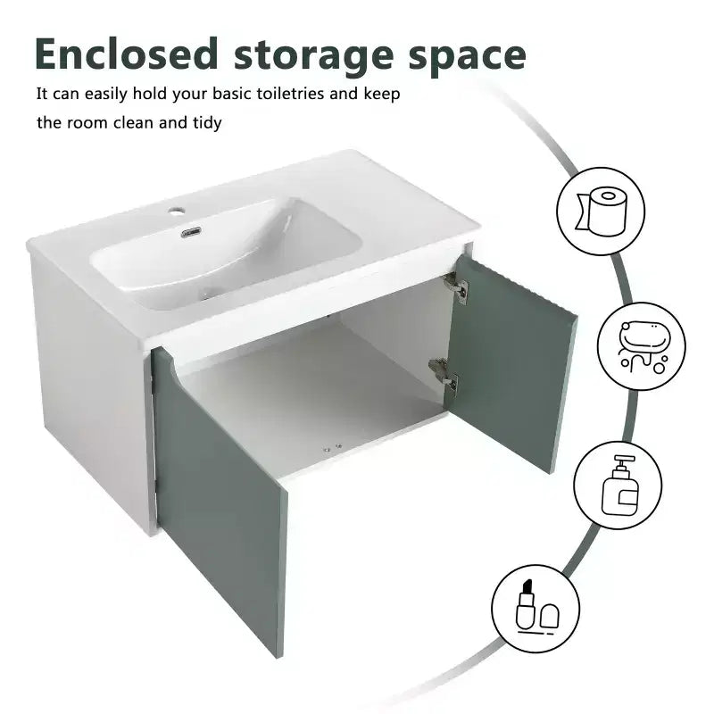 Mobile da bagno moderno sospeso con lavabo, mobiletto galleggiante verde menta