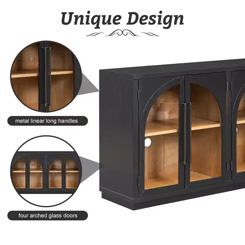 Credenza a 4 ante con ampio spazio contenitivo e ante in vetro e ripiani regolabili