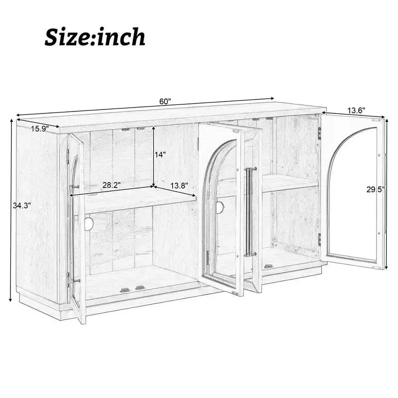 Credenza a 4 ante con ampio spazio contenitivo e ante in vetro e ripiani regolabili