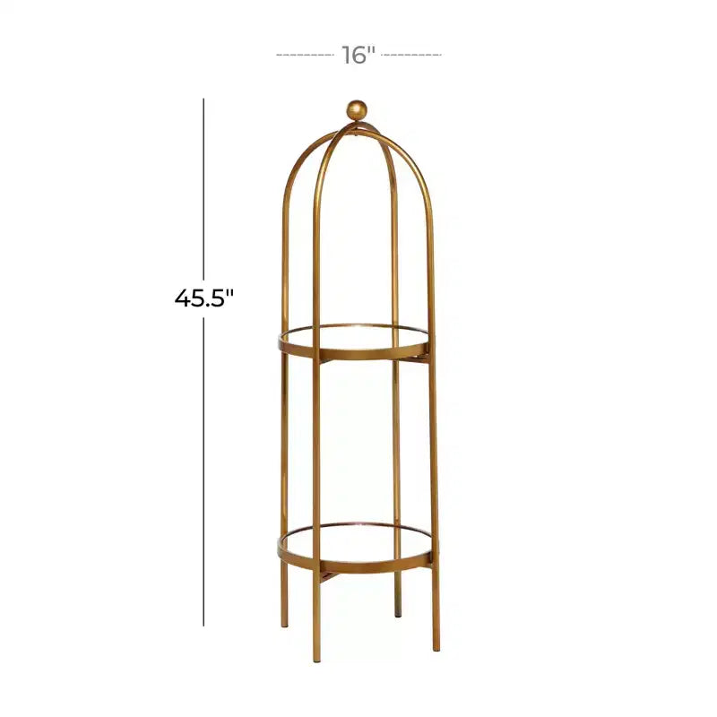 Scaffale in metallo Glam oro a 2 ripiani con specchio, struttura a gabbia, nessun montaggio