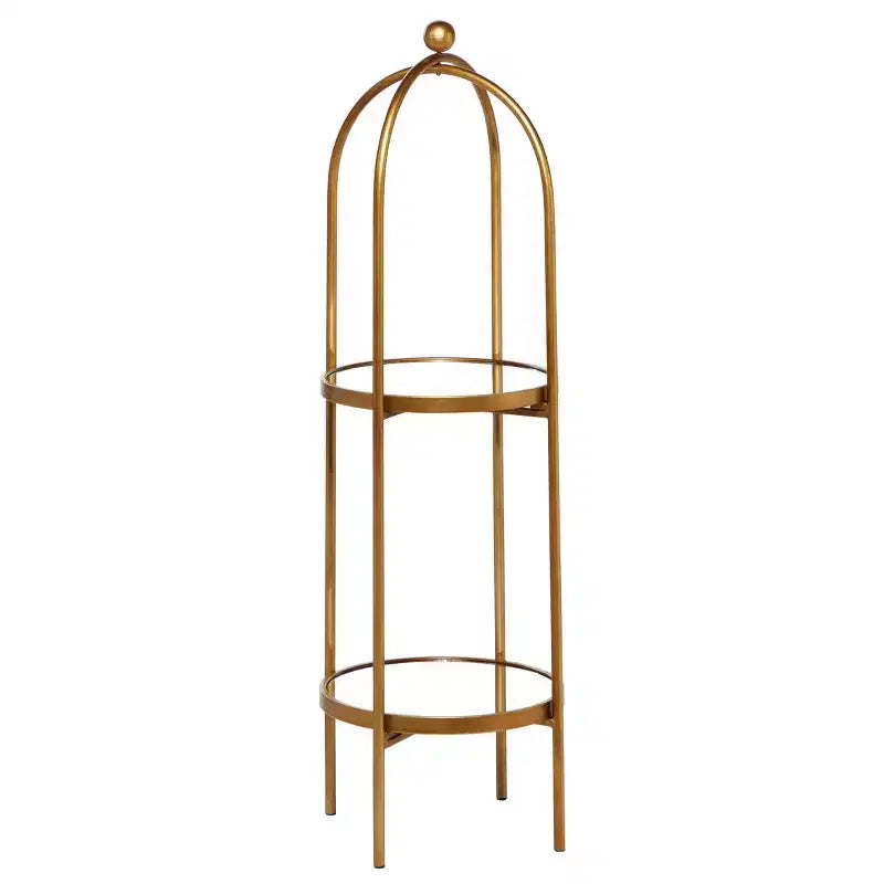 Scaffale in metallo Glam oro a 2 ripiani con specchio, struttura a gabbia, nessun montaggio