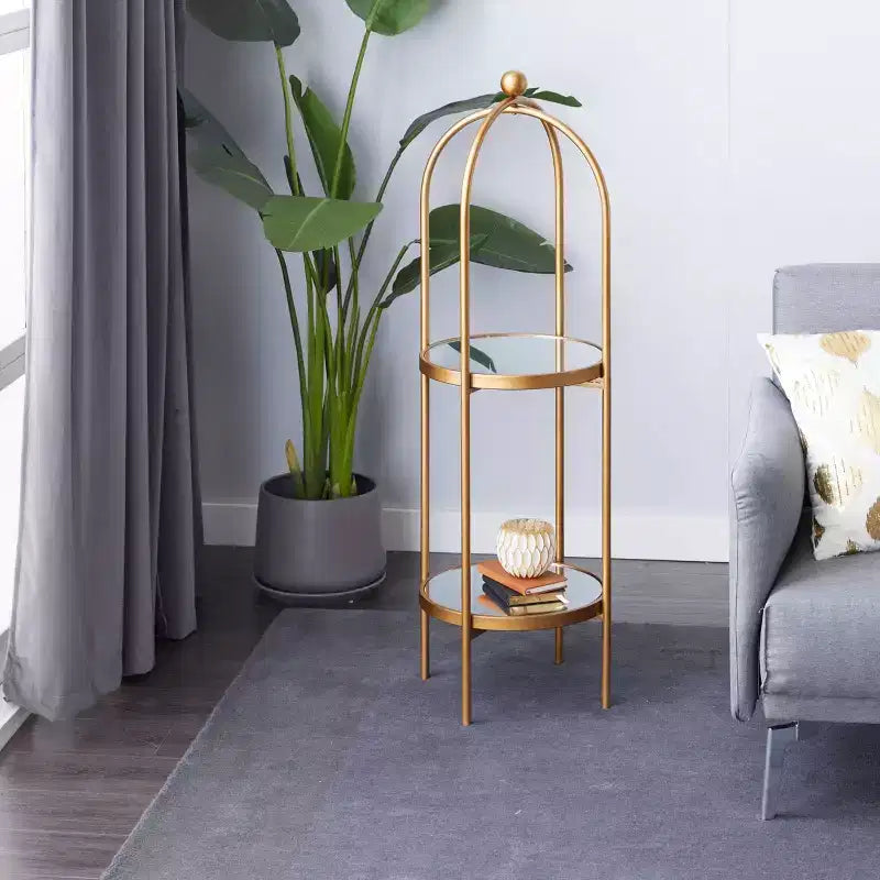 Scaffale in metallo Glam oro a 2 ripiani con specchio, struttura a gabbia, nessun montaggio